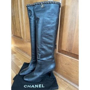 Chanel slip on, knee-high boot with kitten heel
